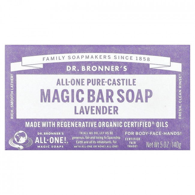 Мыло Dr. Bronner's All-One Pure-Castile Magic Bar Soap, лавандовое, 140 г (5 унций)