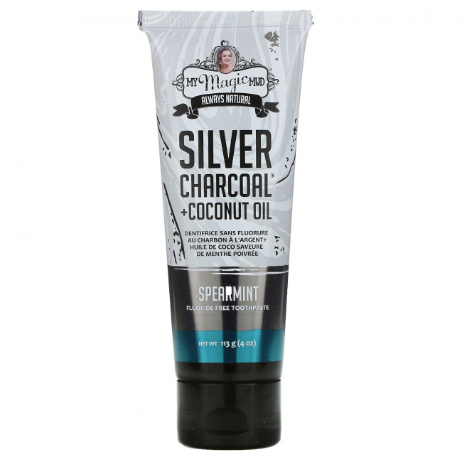My Magic Mud, Silver Charcoal + Coconut Oil, отбеливание зубов, зубная паста без фтора, мята, 113 г (4 унции) My Magic Mud, Silver Charcoal + Coconut Oil, отбеливание зубов, зубная паста без фтора, мята, 113 г (4 унции)