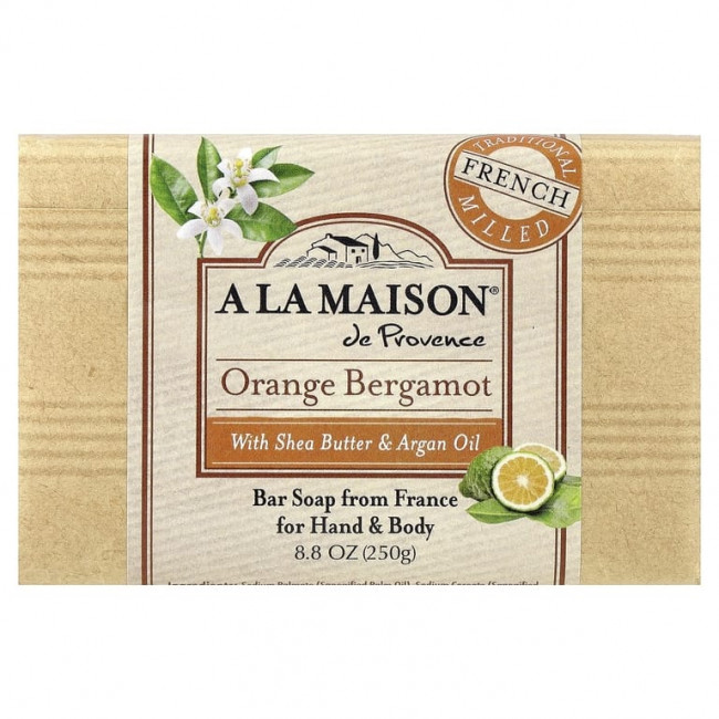 A La Maison de Provence, кусковое мыло для рук и тела, с ароматом апельсина и бергамота, 250 г (8,8 унции) A La Maison de Provence, кусковое мыло для рук и тела, с ароматом апельсина и бергамота, 250 г (8,8 унции)
