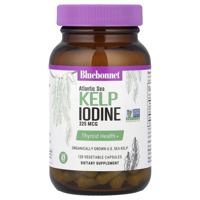 Bluebonnet Nutrition, йод из бурых водорослей атлантических морских водорослей, 225 мкг, 120 растительных капсул Bluebonnet Nutrition, йод из бурых водорослей атлантических морских водорослей, 225 мкг, 120 растительных капсул