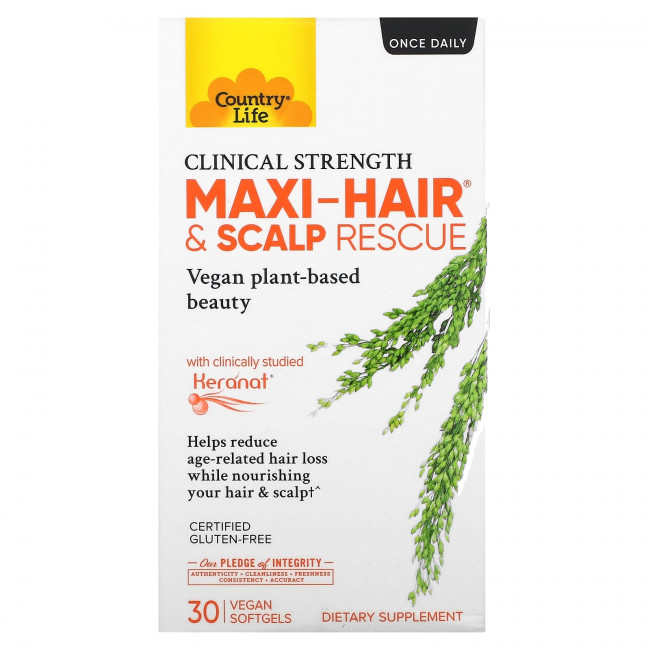 Country Life, Maxi-Hair & Scalp Rescue, клиническая сила, 30 веганских мягких таблеток Country Life, Maxi-Hair & Scalp Rescue, клиническая сила, 30 веганских мягких таблеток