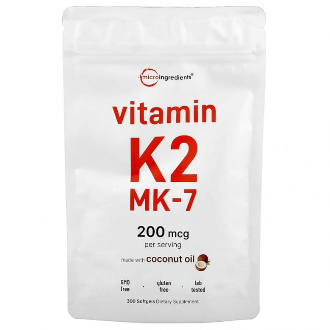 Micro Ingredients, Витамин K2, МК-7, 200 мкг, 300 мягких таблеток Micro Ingredients, Витамин K2, МК-7, 200 мкг, 300 мягких таблеток