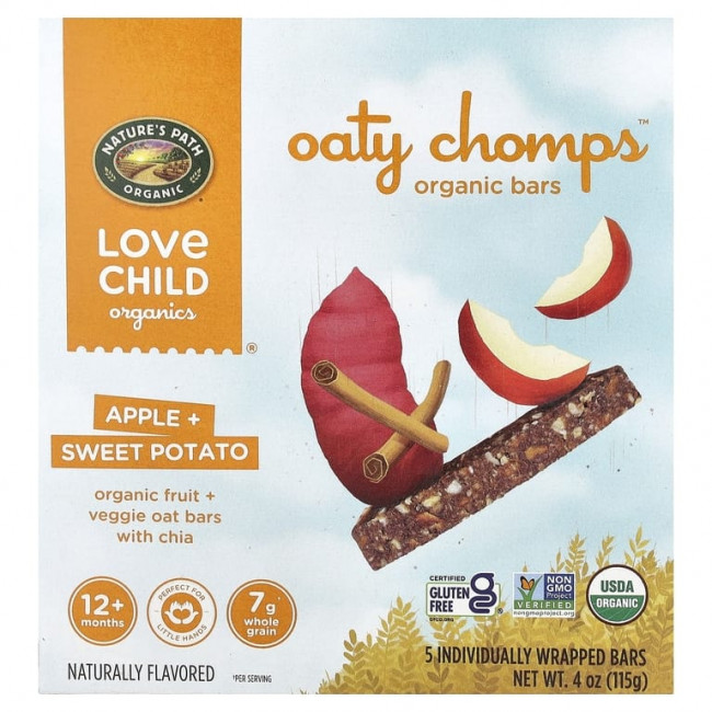 Love Child Organics, Nature's Path, органические батончики Oaty Chomps™, для детей от 12 месяцев, яблоко и батат, 5 батончиков в индивидуальной упаковке, 23 г (0,8 унции) Love Child Organics, Nature's Path, органические батончики Oaty Chomps™, для детей от 12 месяцев, яблоко и батат, 5 батончиков в индивидуальной упаковке, 23 г (0,8 унции)
