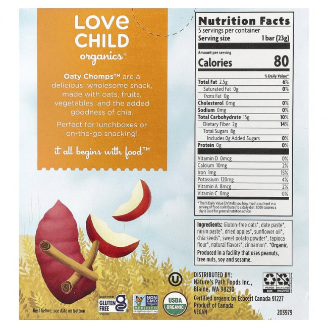 Love Child Organics, Nature's Path, органические батончики Oaty Chomps™, для детей от 12 месяцев, яблоко и батат, 5 батончиков в индивидуальной упаковке, 23 г (0,8 унции) Love Child Organics, Nature's Path, органические батончики Oaty Chomps™, для детей от 12 месяцев, яблоко и батат, 5 батончиков в индивидуальной упаковке, 23 г (0,8 унции)