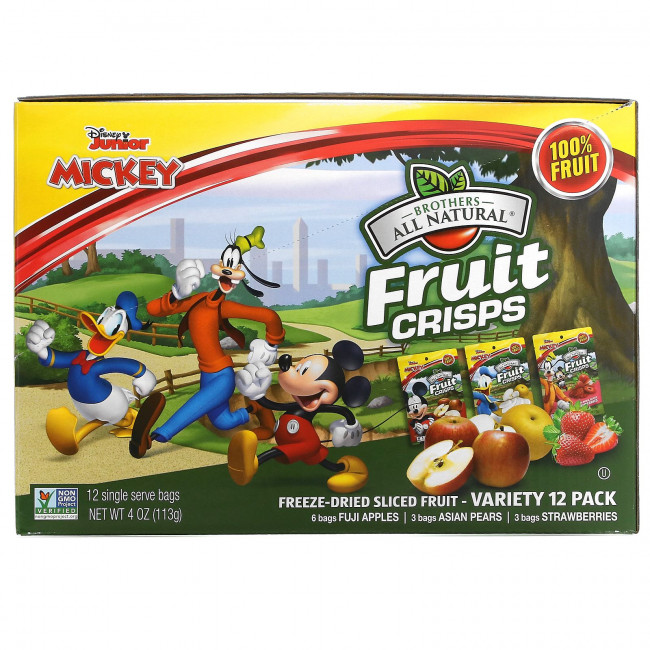 Brothers-All-Natural, Disney Junior, лиофилизированные фруктовые чипсы, ассорти, 12 пакетиков, 126 г (4,44 унции) Brothers-All-Natural, Disney Junior, лиофилизированные фруктовые чипсы, ассорти, 12 пакетиков, 126 г (4,44 унции)