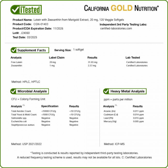 California Gold Nutrition, лютеин с зеаксантином, 20 мг, 120 растительных мягких таблеток California Gold Nutrition, лютеин с зеаксантином, 20 мг, 120 растительных мягких таблеток