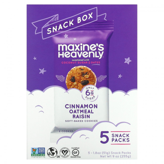 Maxine's Heavenly, Snack Box, мягкое овсяное печенье с корицей и изюмом, 5 упаковок снека по 51 г (1,8 унции) Maxine's Heavenly, Snack Box, мягкое овсяное печенье с корицей и изюмом, 5 упаковок снека по 51 г (1,8 унции)