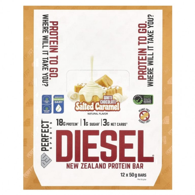 PERFECT Sports, Diesel, новозеландский протеиновый батончик, белый шоколад с соленой карамелью, 12 батончиков по 50 г PERFECT Sports, Diesel, новозеландский протеиновый батончик, белый шоколад с соленой карамелью, 12 батончиков по 50 г