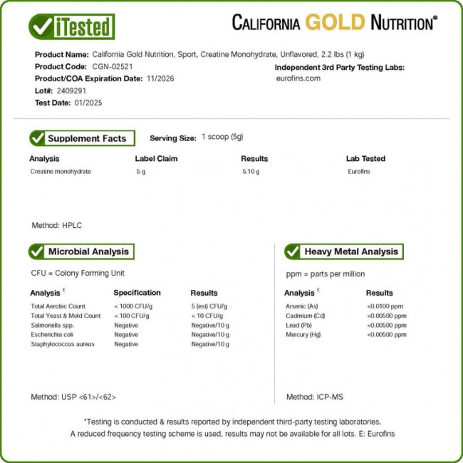 California Gold Nutrition, Sport, моногидрат креатина, с нейтральным вкусом, 1 кг (2,2 фунта) California Gold Nutrition, Sport, моногидрат креатина, с нейтральным вкусом, 1 кг (2,2 фунта)