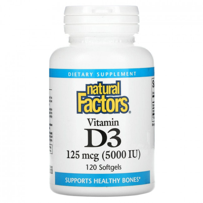 Natural Factors, Витамин D3, 125 мкг (5000 МЕ), 120 мягких желатиновых капсул Natural Factors, Витамин D3, 125 мкг (5000 МЕ), 120 мягких желатиновых капсул