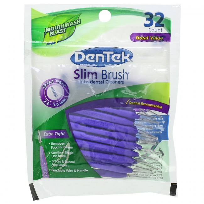 DenTek, Средство для чистки межзубных промежутков Slim Brush, очень плотное средство для полоскания рта, 32 штуки DenTek, Средство для чистки межзубных промежутков Slim Brush, очень плотное средство для полоскания рта, 32 штуки