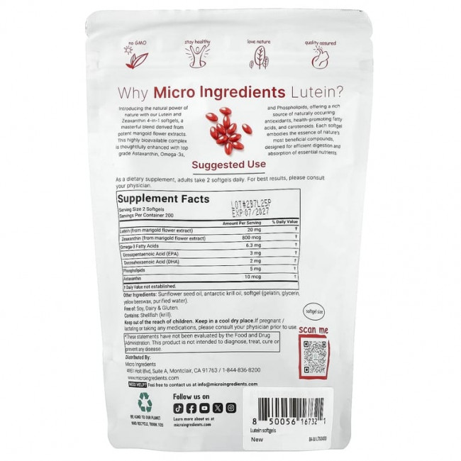Micro Ingredients, лютеин с зеаксантином, 400 мягких таблеток Micro Ingredients, лютеин с зеаксантином, 400 мягких таблеток
