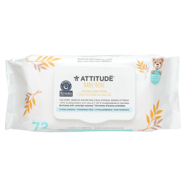 ATTITUDE, Baby, натуральные детские салфетки, без отдушек, 72 салфетки ATTITUDE, Baby, натуральные детские салфетки, без отдушек, 72 салфетки
