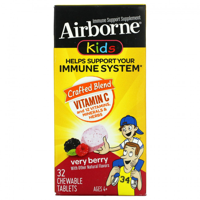 AirBorne, Kids, добавка для поддержки иммунитета, для детей от 4 лет, ягоды, 32 жевательные таблетки AirBorne, Kids, добавка для поддержки иммунитета, для детей от 4 лет, ягоды, 32 жевательные таблетки
