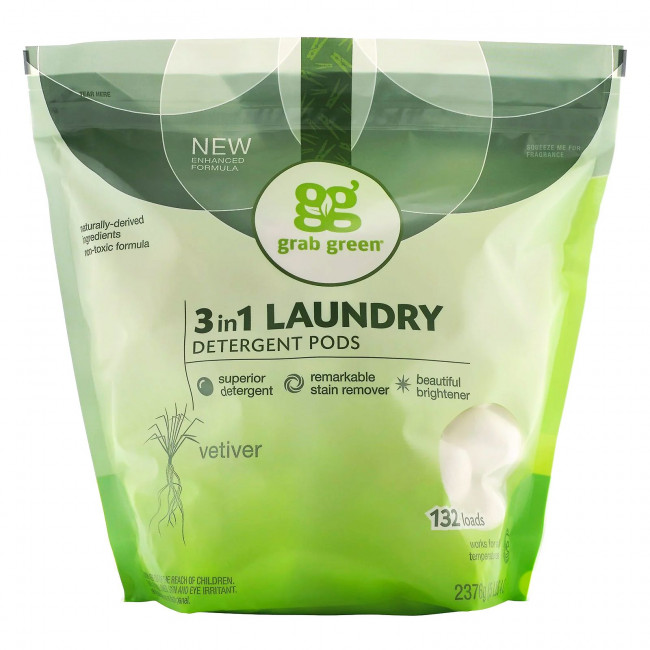 Grab Green, Средство для стирки в порционных пакетах 3 в 1, Vetiver, 132 загрузки, 5 фунтов 4 унции (2376 г) Grab Green, Средство для стирки в порционных пакетах 3 в 1, Vetiver, 132 загрузки, 5 фунтов 4 унции (2376 г)