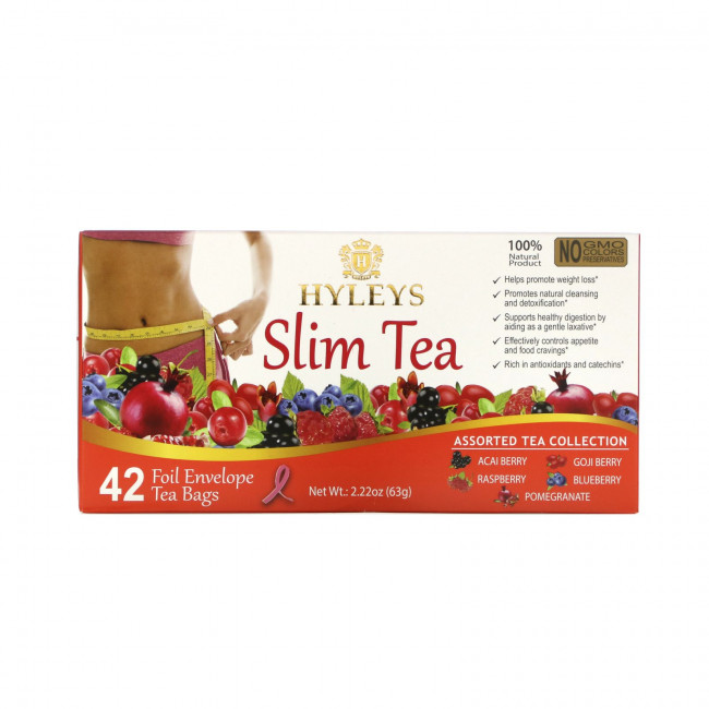 Hyleys Tea, Slim Tea, ассорти из коллекций чая, 42 чайных пакетика в фольгированных пакетиках, по 1,5 г (0,05 унции) Hyleys Tea, Slim Tea, ассорти из коллекций чая, 42 чайных пакетика в фольгированных пакетиках, по 1,5 г (0,05 унции)