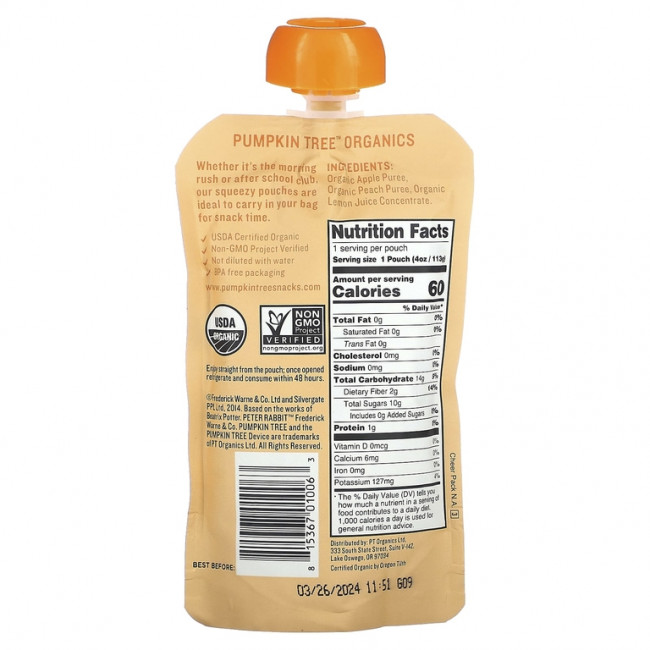 Pumpkin Tree Organics, Peter Rabbit Organics, органическое фруктовое пюре, яблоко и персик, 113 г (4 унции) Pumpkin Tree Organics, Peter Rabbit Organics, органическое фруктовое пюре, яблоко и персик, 113 г (4 унции)
