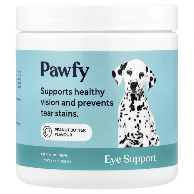 Pawfy, Eye Support, для собак, от 6 месяцев, арахисовая паста, 30 жевательных таблеток, 128 г (4,5 унции) Pawfy, Eye Support, для собак, от 6 месяцев, арахисовая паста, 30 жевательных таблеток, 128 г (4,5 унции)