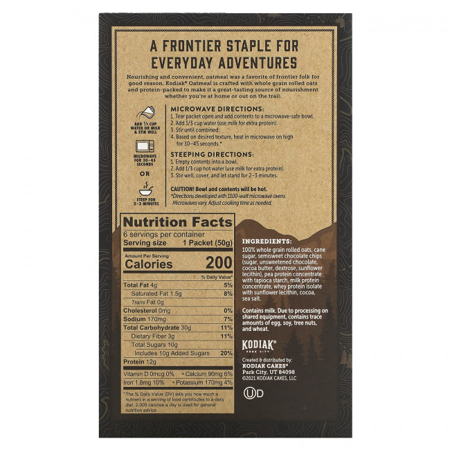 Kodiak Cakes, Овсянка с протеином, с шоколадной крошкой, 6 пакетиков по 50 г (1,76 унции) Kodiak Cakes, Овсянка с протеином, с шоколадной крошкой, 6 пакетиков по 50 г (1,76 унции)