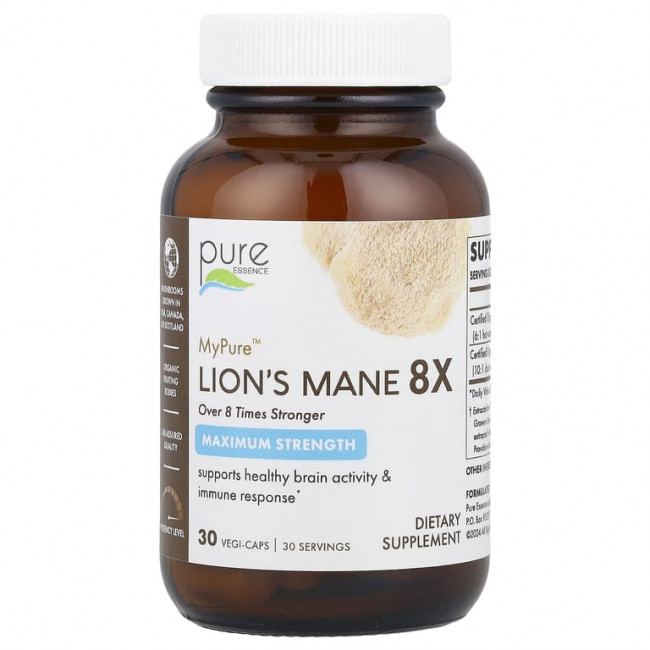 Pure Essence, MyPure ™, Lion's Mane 8X, максимальная сила действия, 30 растительных капсул Pure Essence, MyPure ™, Lion's Mane 8X, максимальная сила действия, 30 растительных капсул