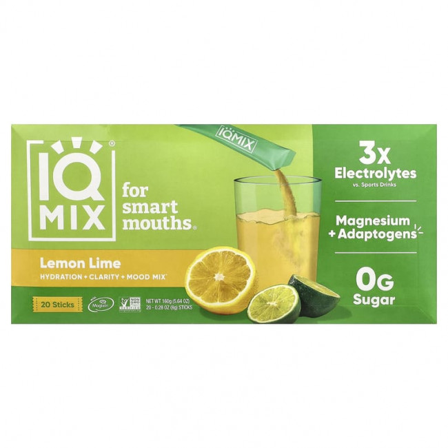 IQBAR, IQMIX®, смесь для увлажнения, чистоты и настроения, лимон и лайм, 20 пакетиков по 8 г (0,28 унции) IQBAR, IQMIX®, смесь для увлажнения, чистоты и настроения, лимон и лайм, 20 пакетиков по 8 г (0,28 унции)