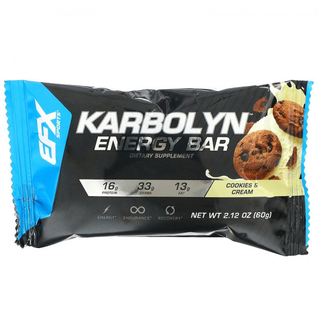 EFX Sports, Karbolyn Energy Bar, печенье и сливки, 12 батончиков, 2,12 (60 г) каждый EFX Sports, Karbolyn Energy Bar, печенье и сливки, 12 батончиков, 2,12 (60 г) каждый