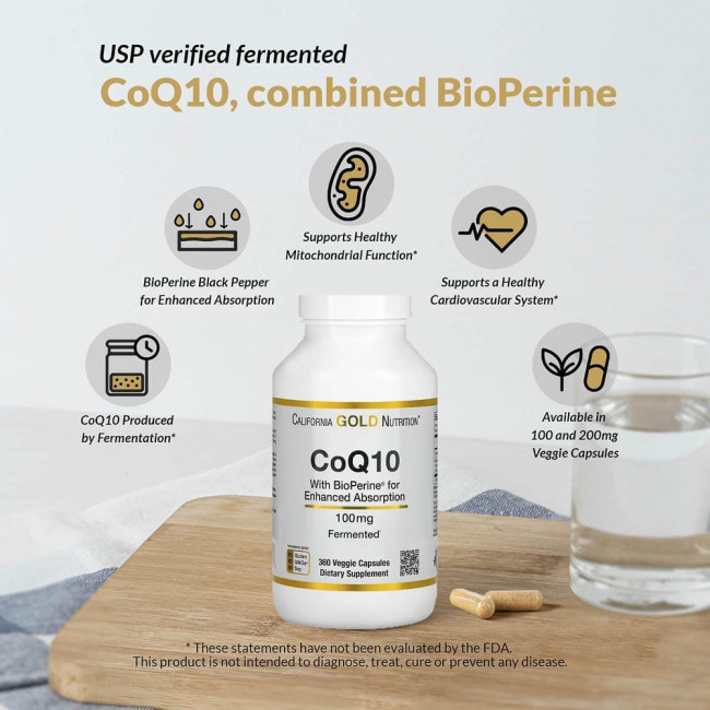 California Gold Nutrition, коэнзим Q10 класса USP с экстрактом BioPerine, 100 мг, 150 растительных капсул California Gold Nutrition, коэнзим Q10 класса USP с экстрактом BioPerine, 100 мг, 150 растительных капсул