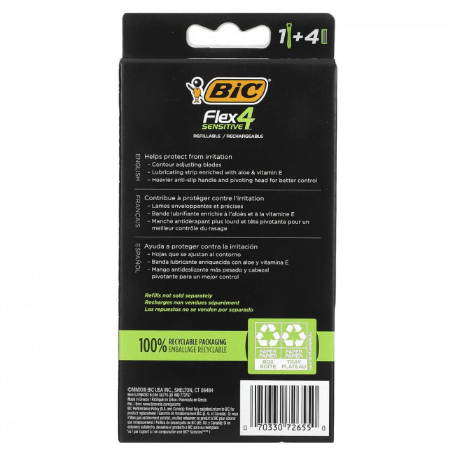 BIC, Flex 4 Sensitive, 1 Handle, 4 Cartridges