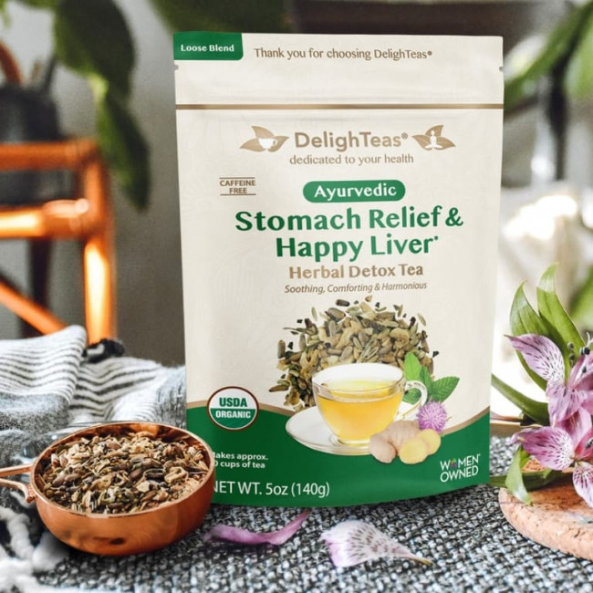 DelighTeas, Ayurvedic Stomach Relief & Happy Liver, травяной чай для выведения токсинов, рассыпчатая смесь, без кофеина, 140 г (5 унций) DelighTeas, Ayurvedic Stomach Relief & Happy Liver, травяной чай для выведения токсинов, рассыпчатая смесь, без кофеина, 140 г (5 унций)