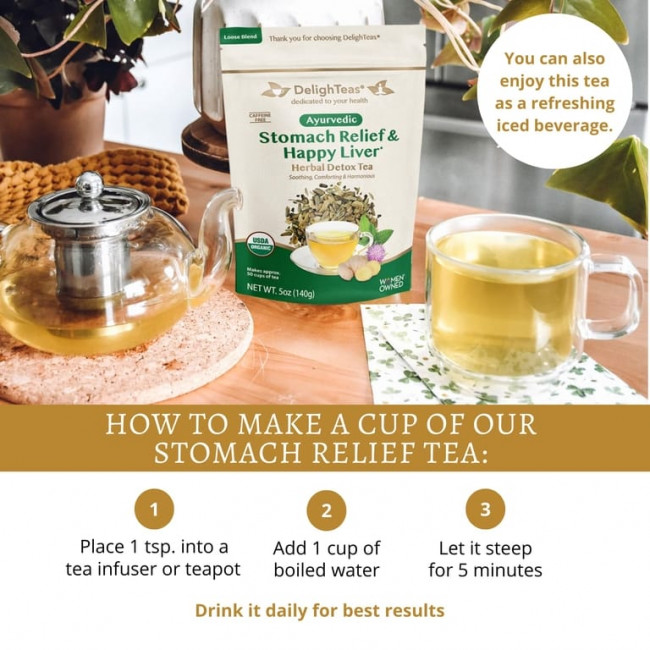 DelighTeas, Ayurvedic Stomach Relief & Happy Liver, травяной чай для выведения токсинов, рассыпчатая смесь, без кофеина, 140 г (5 унций) DelighTeas, Ayurvedic Stomach Relief & Happy Liver, травяной чай для выведения токсинов, рассыпчатая смесь, без кофеина, 140 г (5 унций)