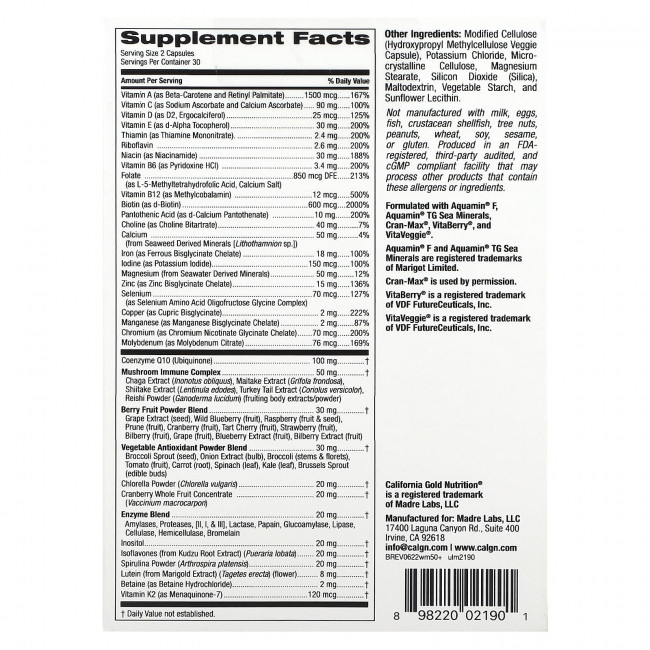 California Gold Nutrition, Ultamins, мультивитамины для женщин старше 50 лет, с коэнзимом Q10, 60 вегетарианских капсул California Gold Nutrition, Ultamins, мультивитамины для женщин старше 50 лет, с коэнзимом Q10, 60 вегетарианских капсул