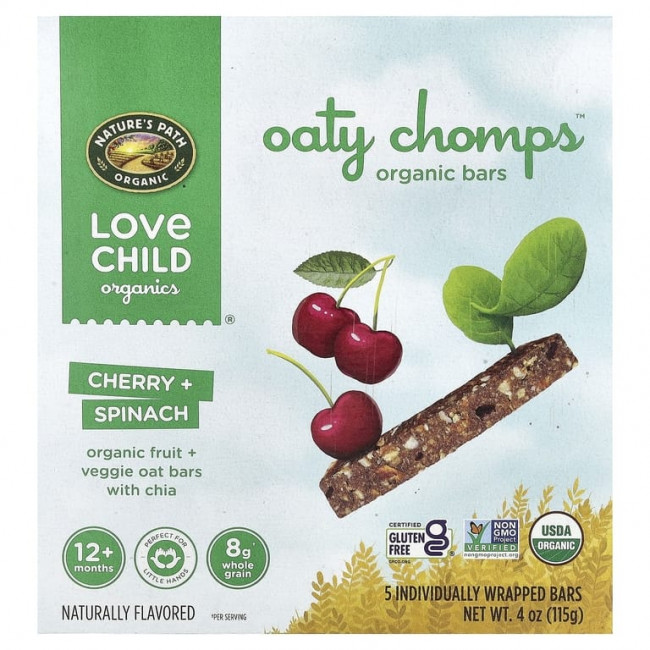 Love Child Organics, Nature's Path, органические батончики Oaty Chomps™, для детей от 12 месяцев, вишня и шпинат, 5 батончиков в индивидуальной упаковке, 23 г (0,8 унции) Love Child Organics, Nature's Path, органические батончики Oaty Chomps™, для детей от 12 месяцев, вишня и шпинат, 5 батончиков в индивидуальной упаковке, 23 г (0,8 унции)