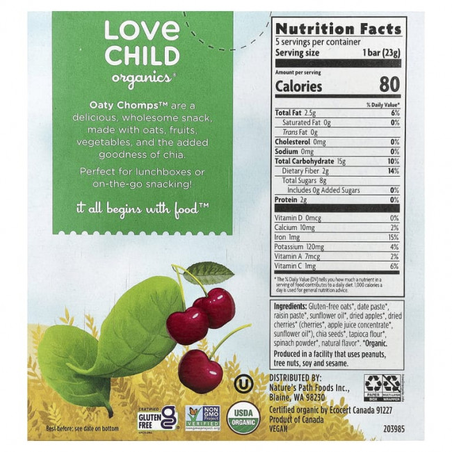 Love Child Organics, Nature's Path, органические батончики Oaty Chomps™, для детей от 12 месяцев, вишня и шпинат, 5 батончиков в индивидуальной упаковке, 23 г (0,8 унции) Love Child Organics, Nature's Path, органические батончики Oaty Chomps™, для детей от 12 месяцев, вишня и шпинат, 5 батончиков в индивидуальной упаковке, 23 г (0,8 унции)