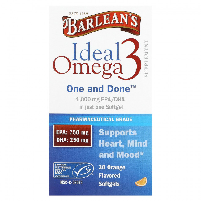 Barlean's, Ideal Omega 3, апельсин, 30 мягких таблеток Barlean's, Ideal Omega 3, апельсин, 30 мягких таблеток