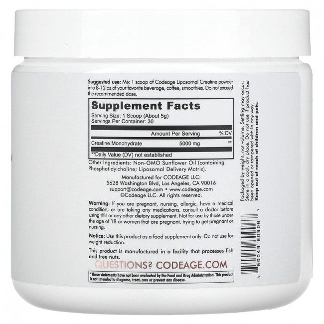 Codeage, Liposomal, порошок моногидрата креатина, без добавок, 150 г (5,29 унции)