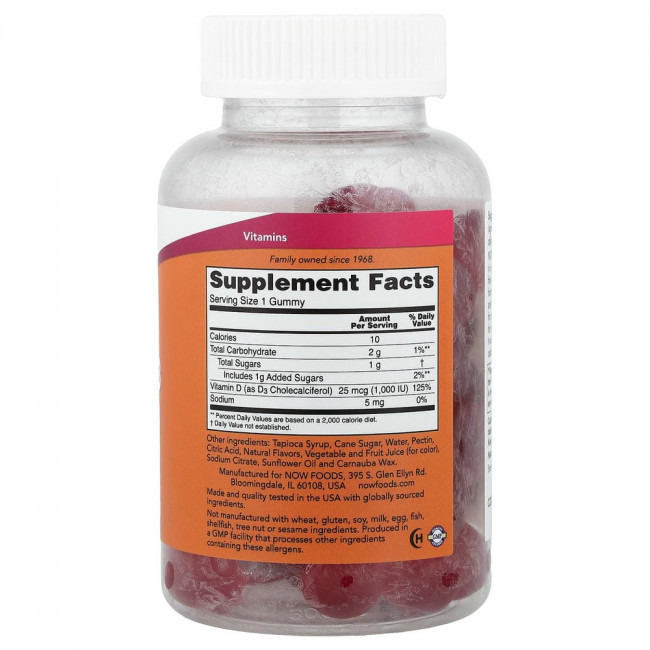 NOW Foods, Жевательные конфеты с витамином D3, клубника, 25 мкг (1000 МЕ), 90 жевательных таблеток