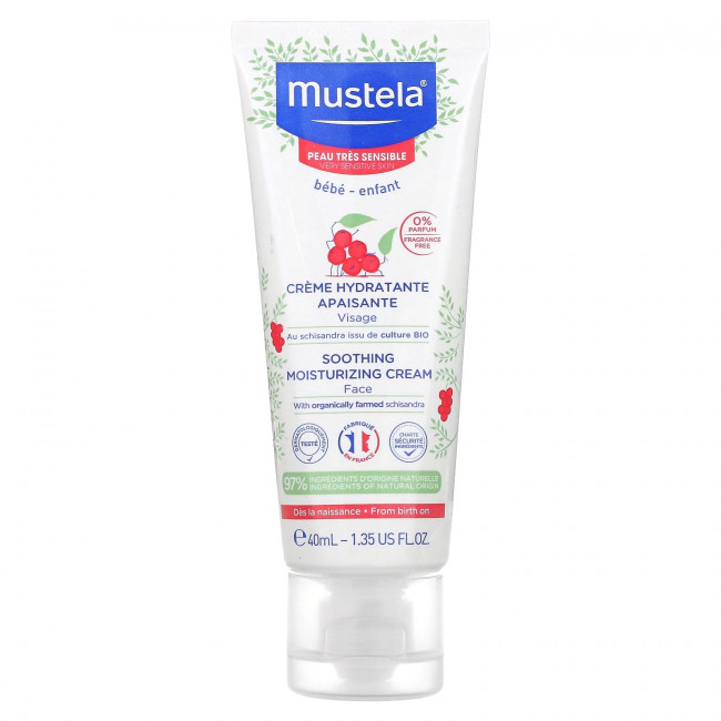 Mustela, Успокаивающий увлажняющий крем для лица с лимонником, без отдушек, 40 мл (1,35 жидк. Унции) Mustela, Успокаивающий увлажняющий крем для лица с лимонником, без отдушек, 40 мл (1,35 жидк. Унции)