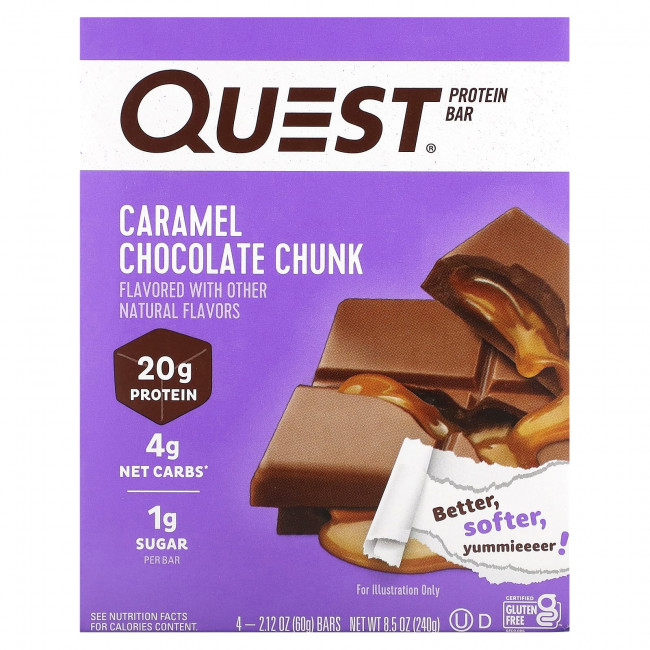 Quest Nutrition, Протеиновый батончик, кусочки карамельного шоколада, 4 батончика, 60 г (2,12 унции) Quest Nutrition, Протеиновый батончик, кусочки карамельного шоколада, 4 батончика, 60 г (2,12 унции)