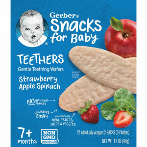 Gerber, прорезыватели, вафли для мягкого прорезывания зубов, для малышей от 7 месяцев, клубника, яблоко и шпинат, 12 пакетиков, по 2 вафли в каждом