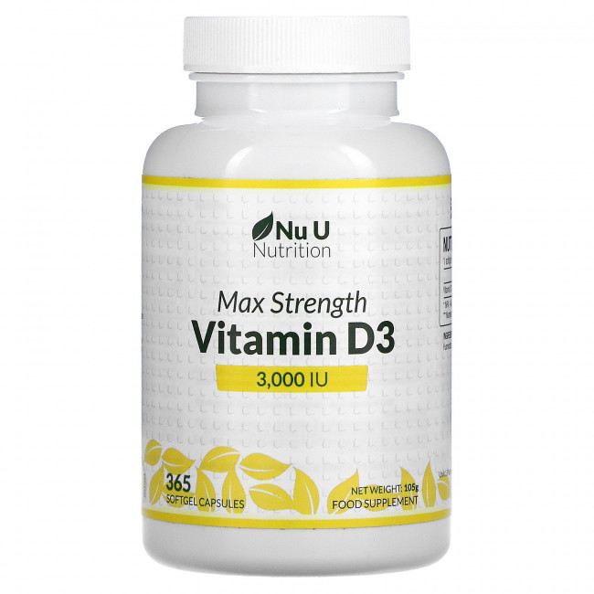 Nu U Nutrition, Витамин D3 максимальной силы действия, 3000 МЕ, 365 мягких капсул