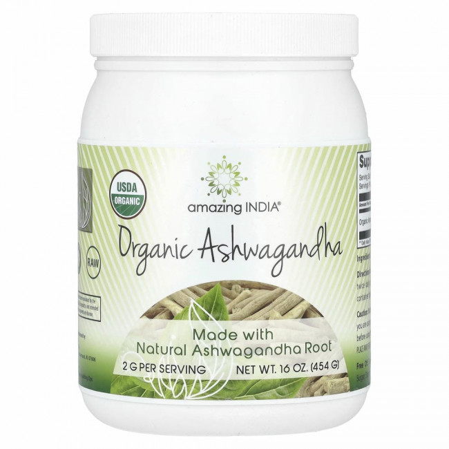 Amazing India, Organic Ashwagandha, сертифицированный органический порошок, 454 г (16 унций)