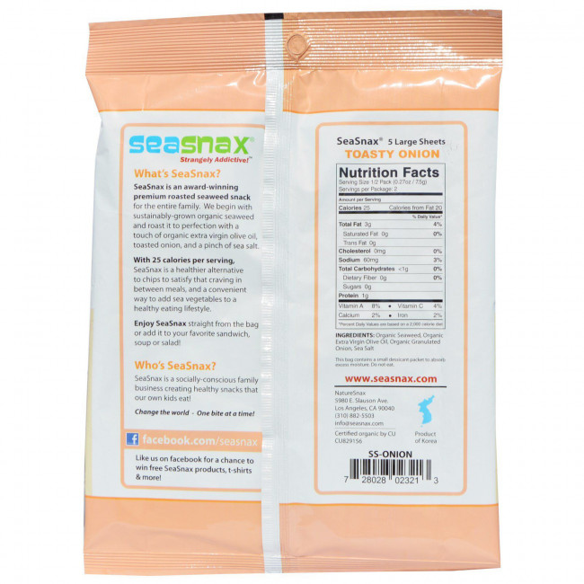 SeaSnax, Toasty Onion, Roasted Seaweed Snack, 5 sheets - .54 oz (15 g) SeaSnax, Toasty Onion, Roasted Seaweed Snack, 5 sheets - .54 oz (15 g)