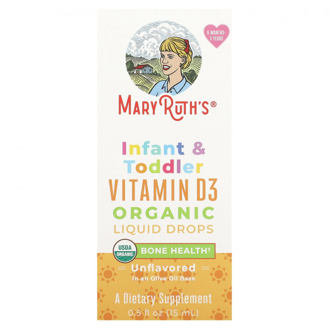 MaryRuth Organics, Органические жидкие капли с витамином D3 для младенцев и малышей, от 6 месяцев до 3 лет, без добавок, 15 мл (0,5 жидк. Унции) MaryRuth Organics, Органические жидкие капли с витамином D3 для младенцев и малышей, от 6 месяцев до 3 лет, без добавок, 15 мл (0,5 жидк. Унции)