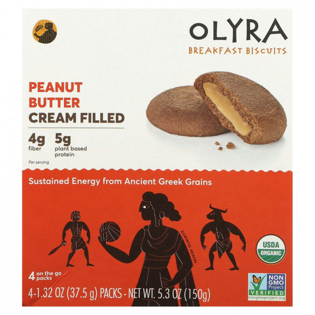 Olyra, Breakfast Biscuits, Peanut Butter Cream Filled, 4 Packs, 1.32 oz (37.5 g) Each