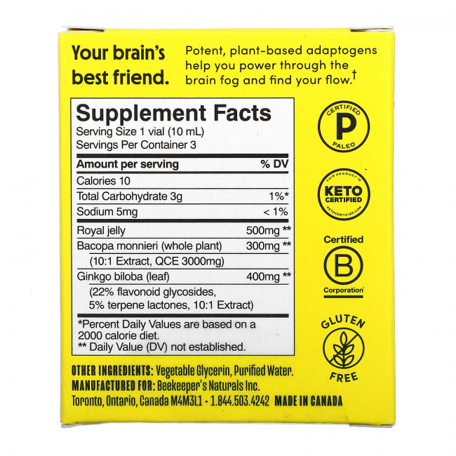 Beekeeper's Naturals, B. Smart Brain Fuel, 3 флакона по 10 мл (0,35 жидк. унции) Beekeeper's Naturals, B. Smart Brain Fuel, 3 флакона по 10 мл (0,35 жидк. унции)