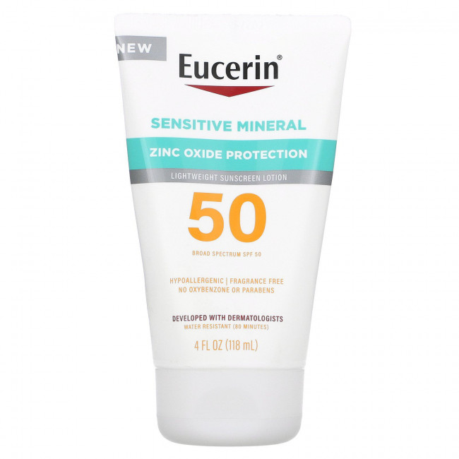 Eucerin, Sensitive Mineral, легкий солнцезащитный лосьон, SPF 50, без отдушек, 118 мл (4 жидк. Унции) Eucerin, Sensitive Mineral, легкий солнцезащитный лосьон, SPF 50, без отдушек, 118 мл (4 жидк. Унции)