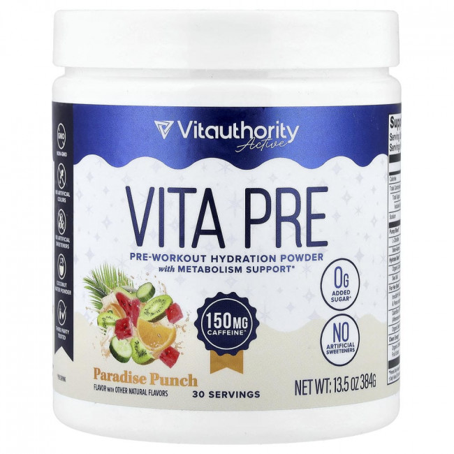 Vitauthority, Active, Vita Pre, предтренировочный увлажняющий порошок, Paradise Punch, 384 г (13,5 унций)