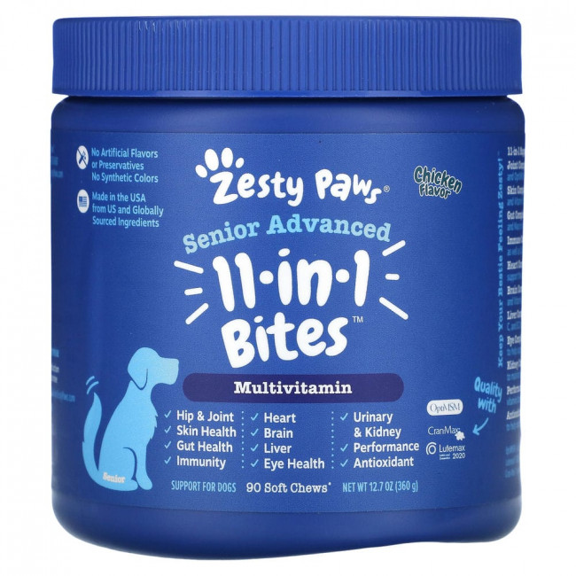 Zesty Paws, Advanced 11 in 1 Multifunctional Bites, улучшенная формула для взрослых собак, со вкусом курицы, 90 жевательных таблеток Zesty Paws, Advanced 11 in 1 Multifunctional Bites, улучшенная формула для взрослых собак, со вкусом курицы, 90 жевательных таблеток