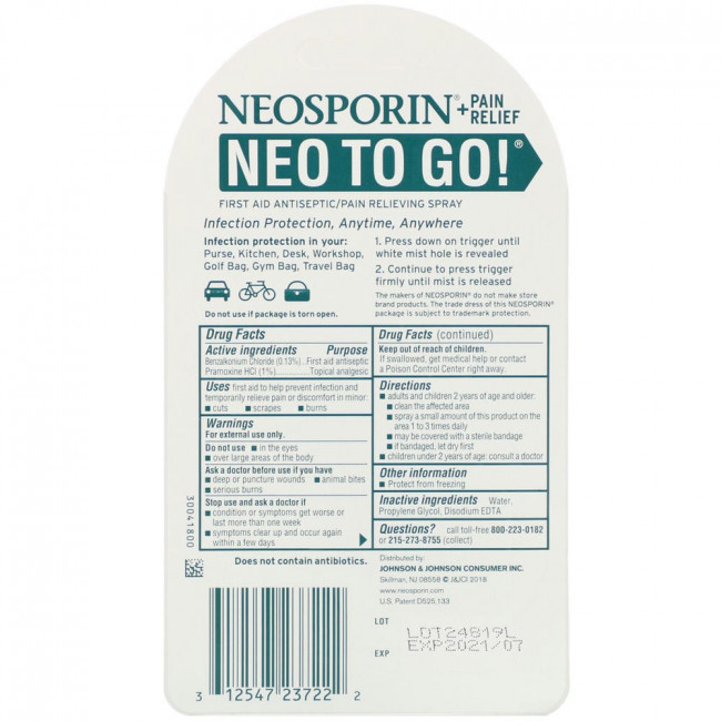 Neosporin, + Обезболивающее средство Neo To Go!, Антисептический обезболивающий спрей для оказания первой помощи, 7,7 мл Neosporin, + Обезболивающее средство Neo To Go!, Антисептический обезболивающий спрей для оказания первой помощи, 7,7 мл