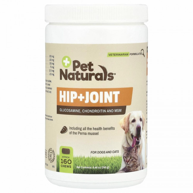 Pet Naturals of Vermont, Hip + Joint, добавка для поддержки здоровья суставов, для кошек и собак, около 160 жевательных таблеток, 240 г (8,46 унции) Pet Naturals of Vermont, Hip + Joint, добавка для поддержки здоровья суставов, для кошек и собак, около 160 жевательных таблеток, 240 г (8,46 унции)